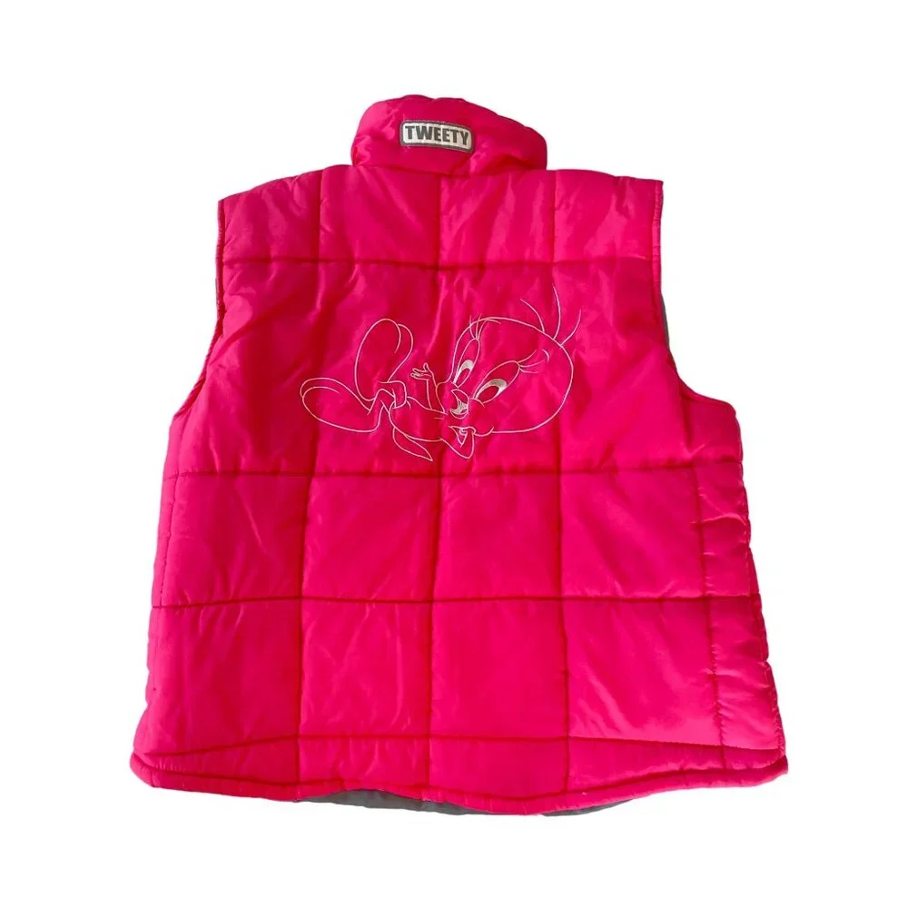 Vintage 90's Tweety Bird Looney Tunes Hot Pink Puffer Vest Junior 14/ Women S - Picture 9 of 14